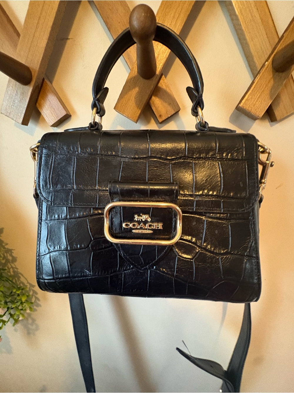 COACH Black Croc-Embossed Leather Top-Handle Satchel with Gold Hardware